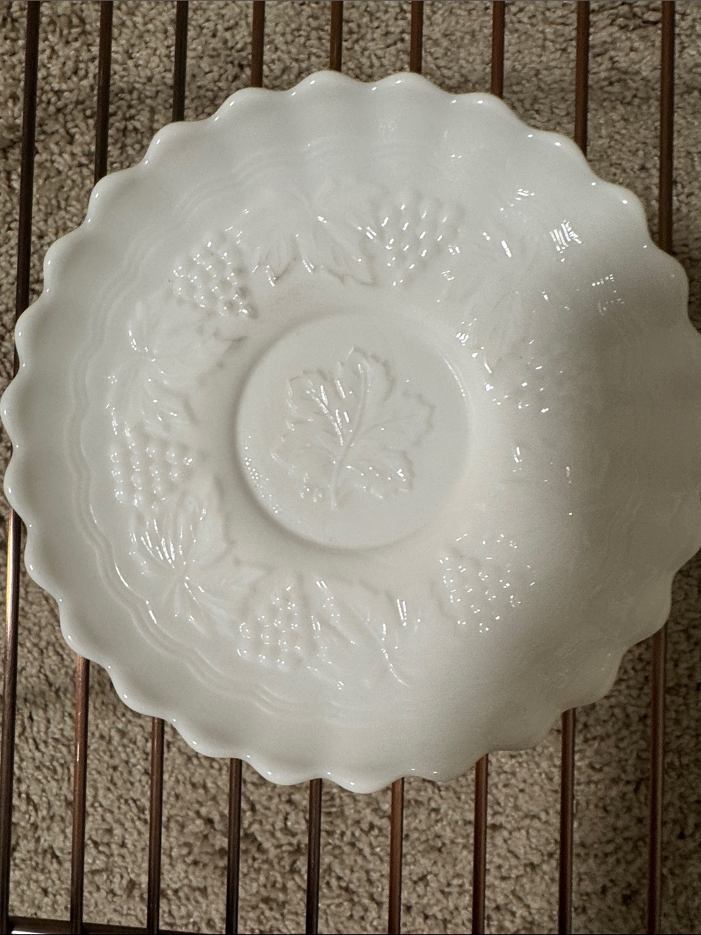 Vintage White Embossed Ceramic Serving Saucer- Elegant Leaf & Grape Motif